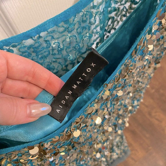 Teal and gold sequin dress with scoop neckline and cap draped shoulder. - Picture 3 of 5